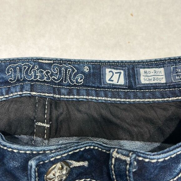 Miss Me Mid-Rise Slim Boot Cut Jeans Sz 27 Denim 33" Inseam Western Cowgirl - Picture 7 of 11